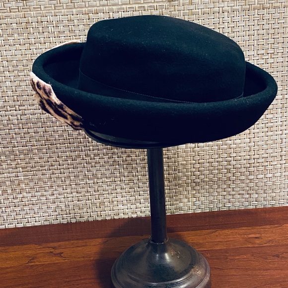 🌟2xHP🌟VTG 50s Fisk Black Wool & Leopard Print Bowler Hat - Picture 5 of 10